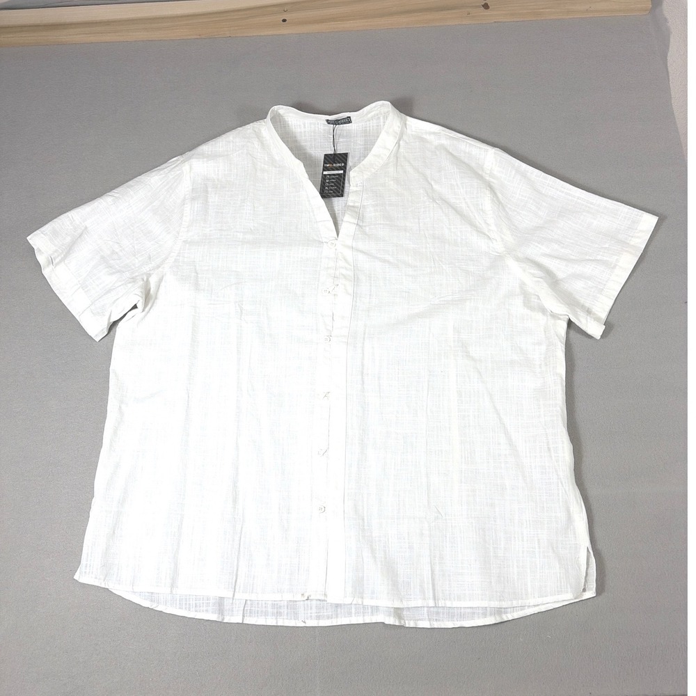 Two-Sided Mens White Textured Short‎ Sleeve Mandarin Collar Button Up Shirt 4XL